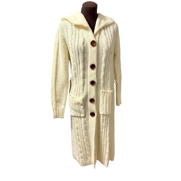 FOB NY Cream Cable Midi Long Hooded Cardigan Womens size Medium - Picture 1 of 12